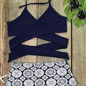 Cupshe High Waisted Bikini - Navy Blue & White